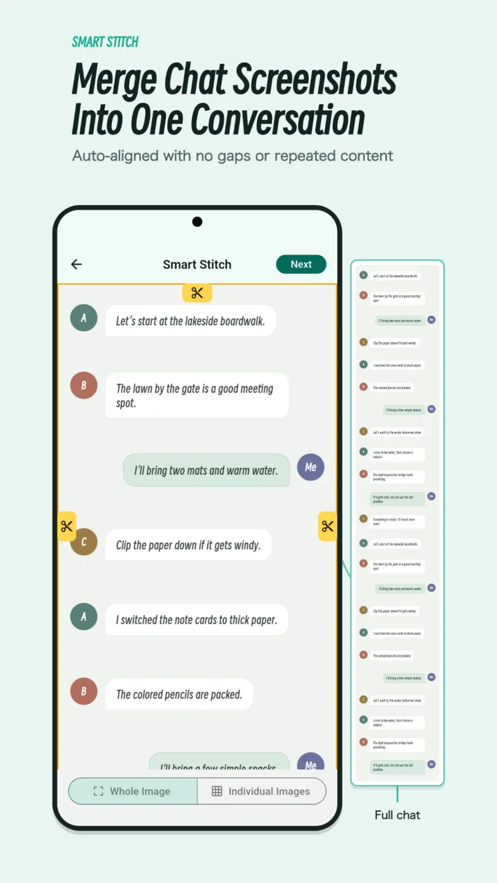 SnipRoll Android feature example showing a chat crop preview beside a long conversation