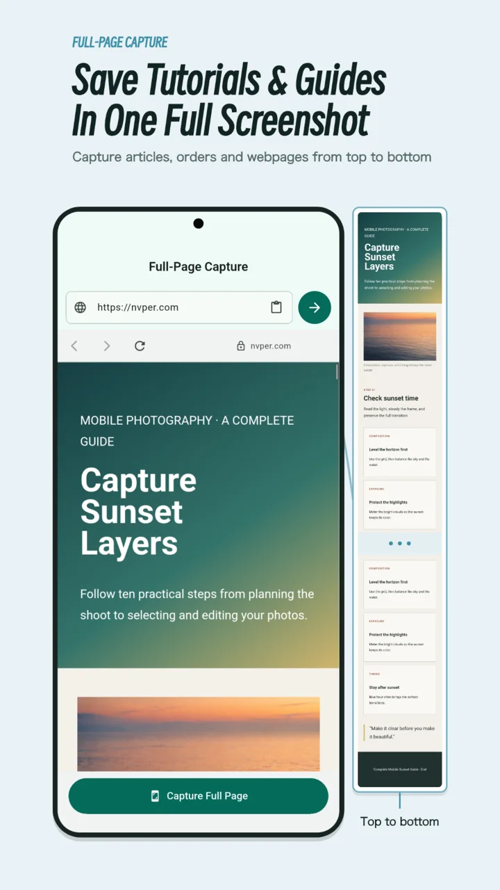 An Android webpage capture preview with a full article shown as a long image
