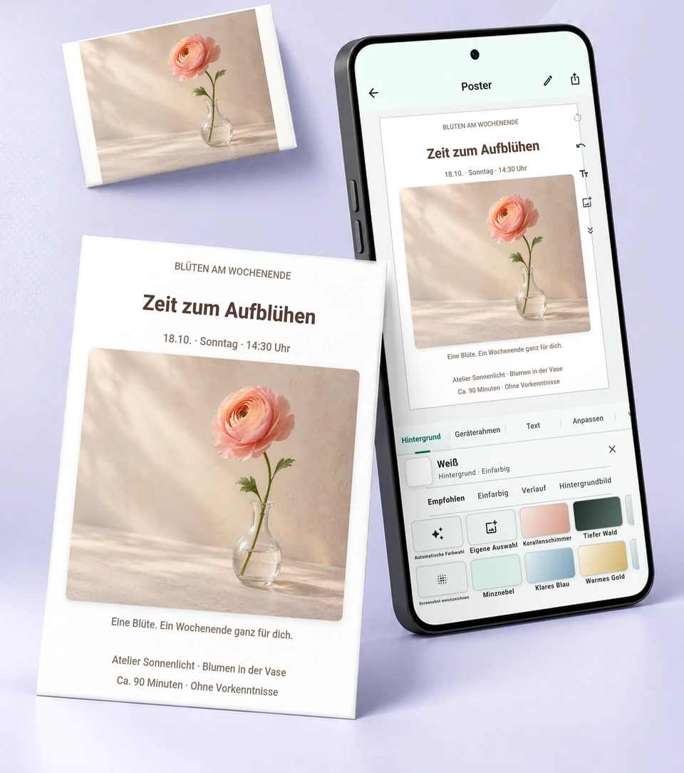 Ein Blumenfoto wird im mobilen Editor mit Text und Hintergrund zu einem vollständigen Plakat für eine Blumenveranstaltung gestaltet