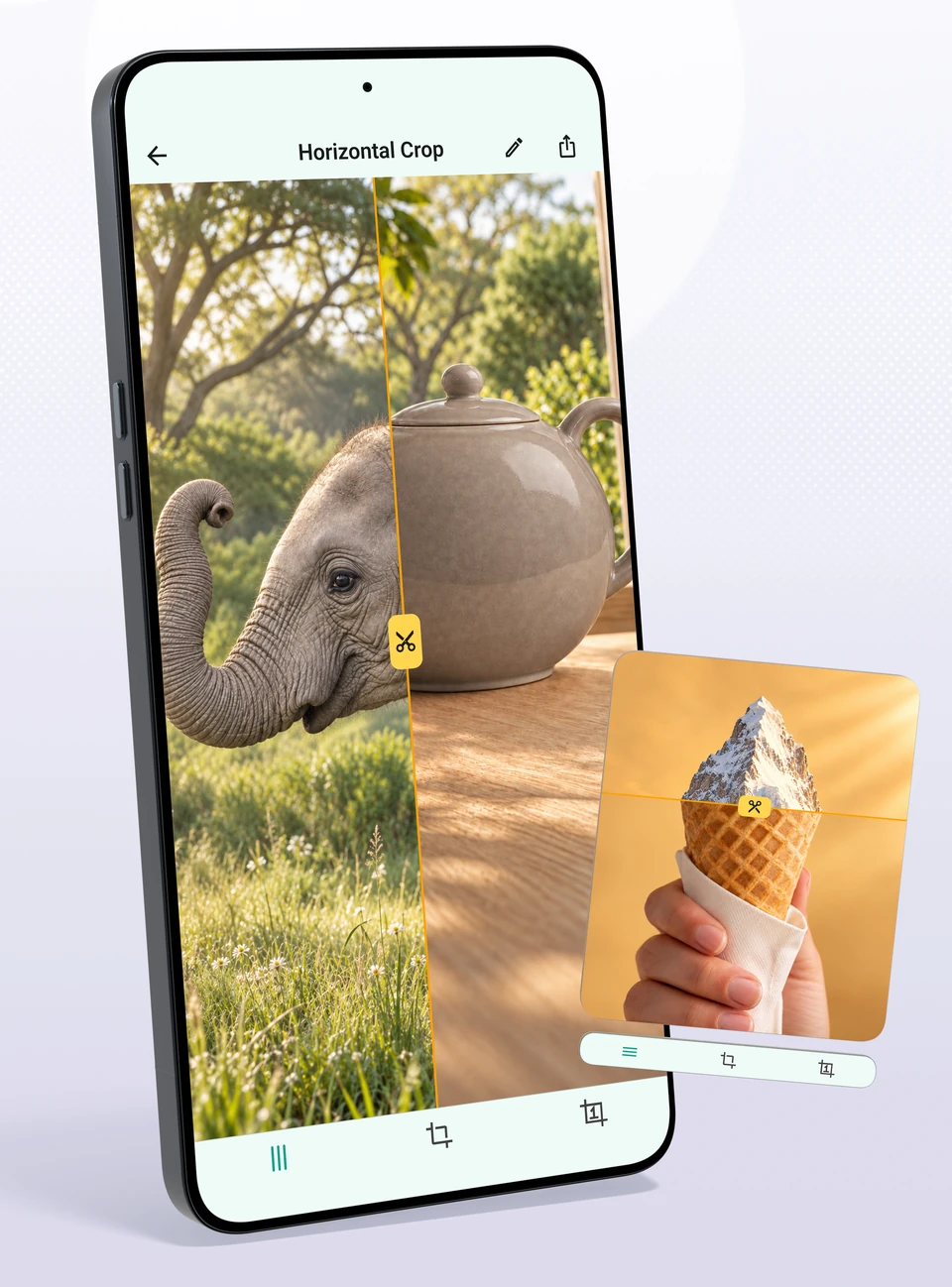 An elephant's trunk and a teapot joined horizontally, and a snowy mountain and an ice cream cone joined vertically, with crop lines showing what to keep