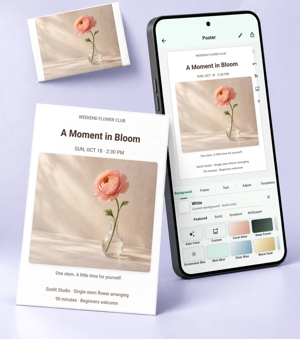 A flower photo with text and a background added in a mobile editor, turned into a complete floral event poster