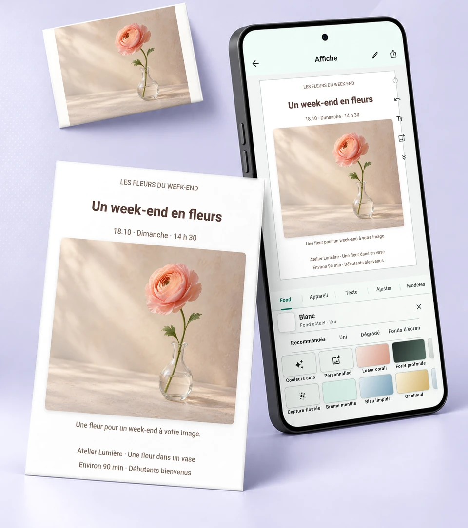 Une photo de fleur enrichie de texte et d’un arrière-plan dans l’éditeur mobile pour créer une affiche complète d’activité florale