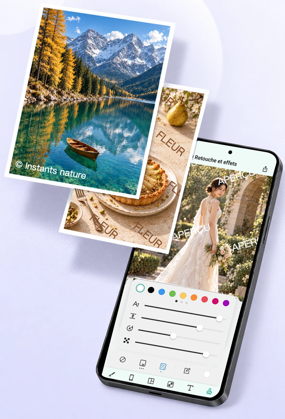 Une signature dans le coin d’une photo de voyage et des filigranes répétés dans différentes directions sur une photo de pâtisserie et un aperçu de photo de mariage