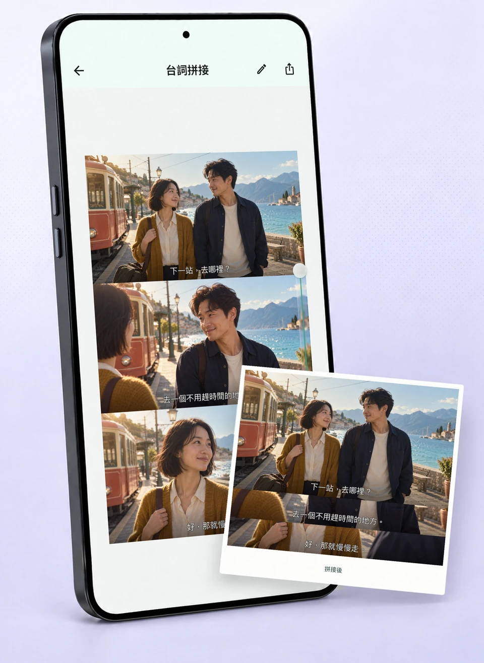 剪長圖台詞拼接範例:完整畫面下依序排列多條字幕